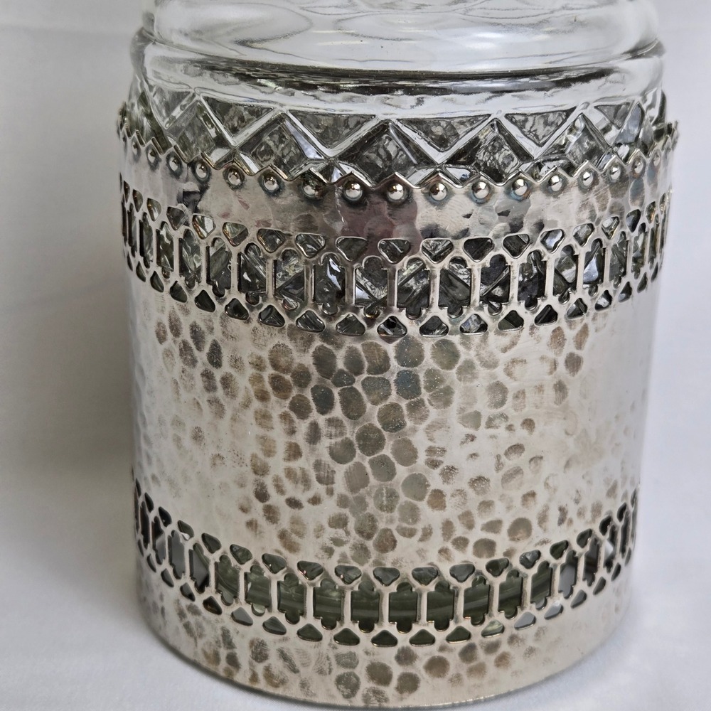 Glass Liquor Decanter, Decorative Silver Tone Hammered Metal Caddy 11" Vintage - Picture 3 of 16